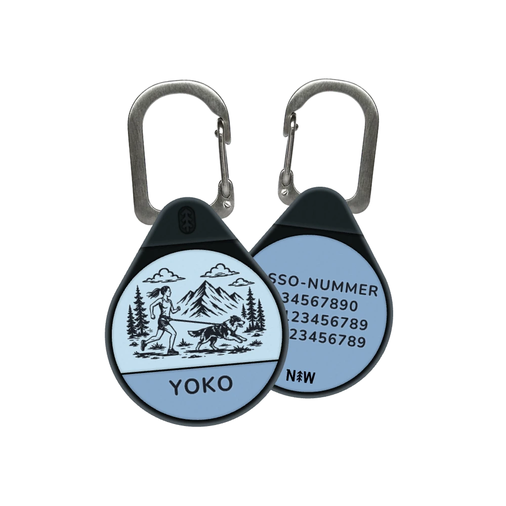 Canicross dog ID tag in Dusty Blue, woman runner