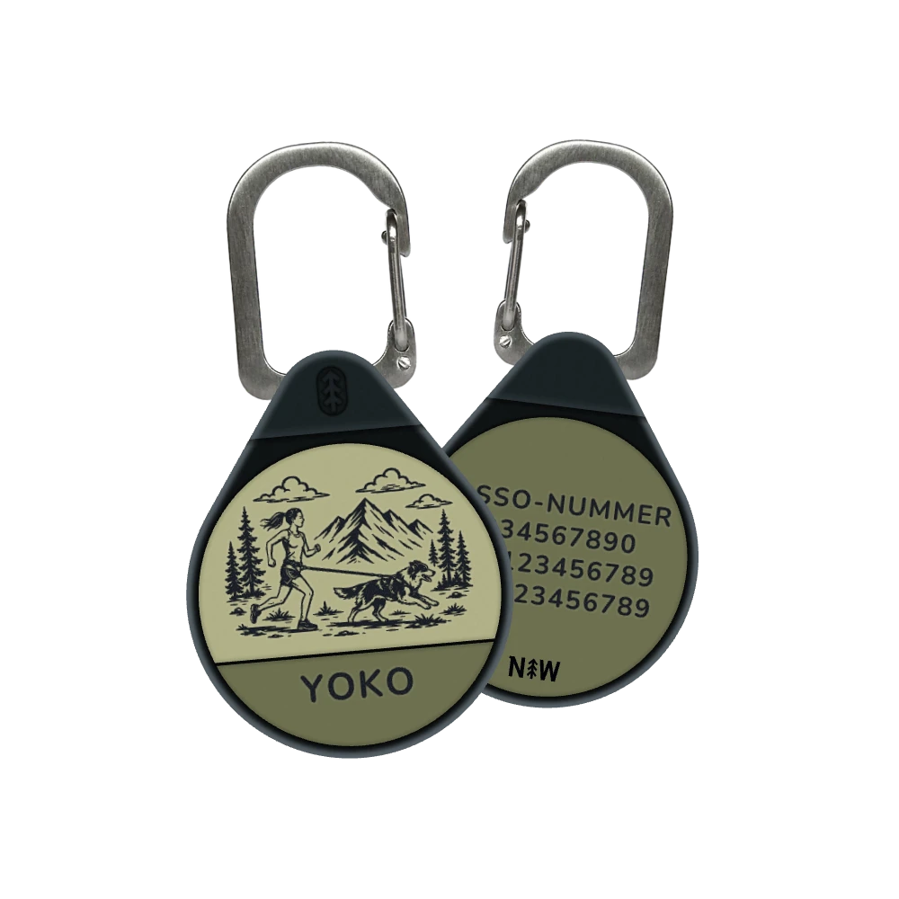 Canicross dog ID tag in Olive Green, woman runner