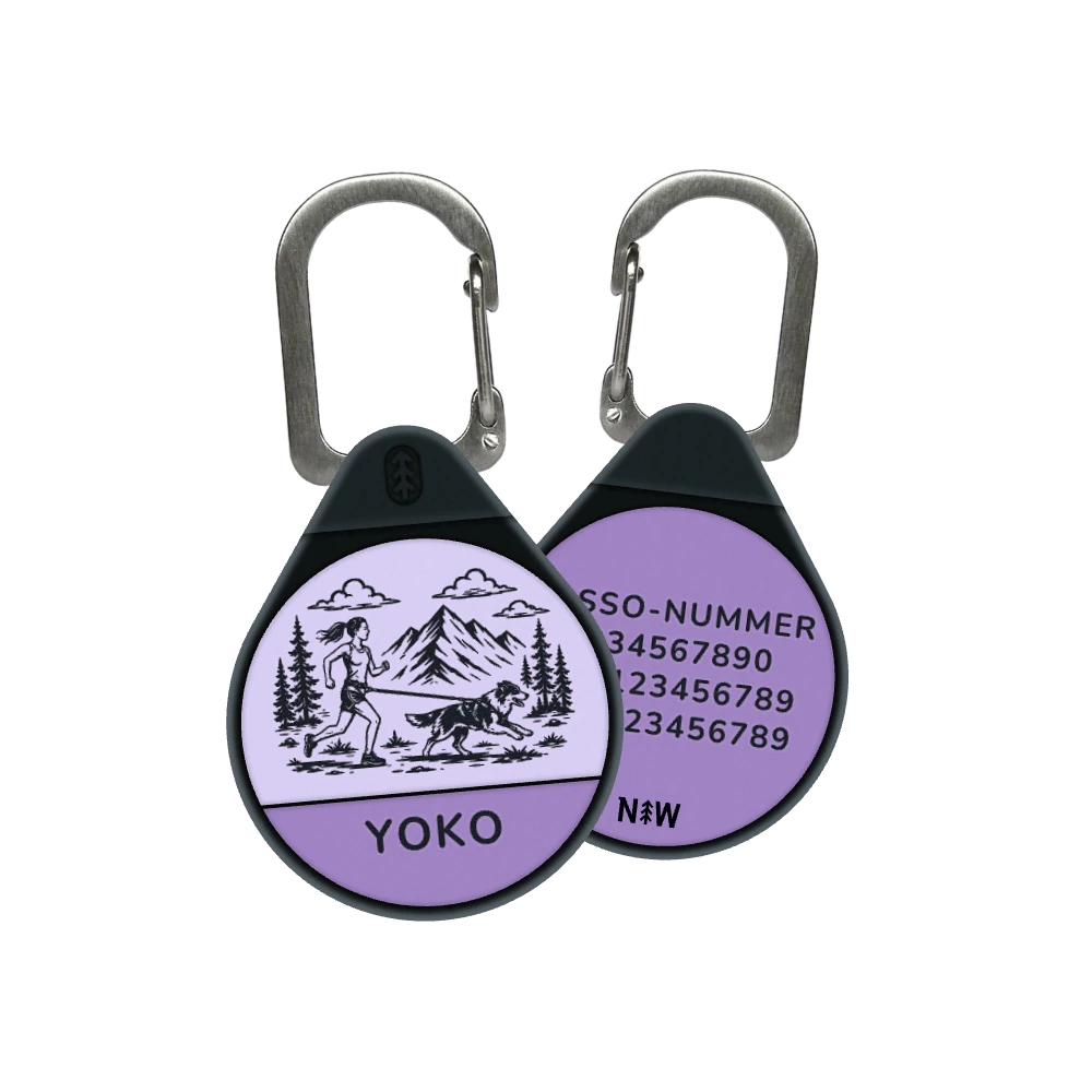 Canicross dog ID tag in Lilac Purple, woman runner