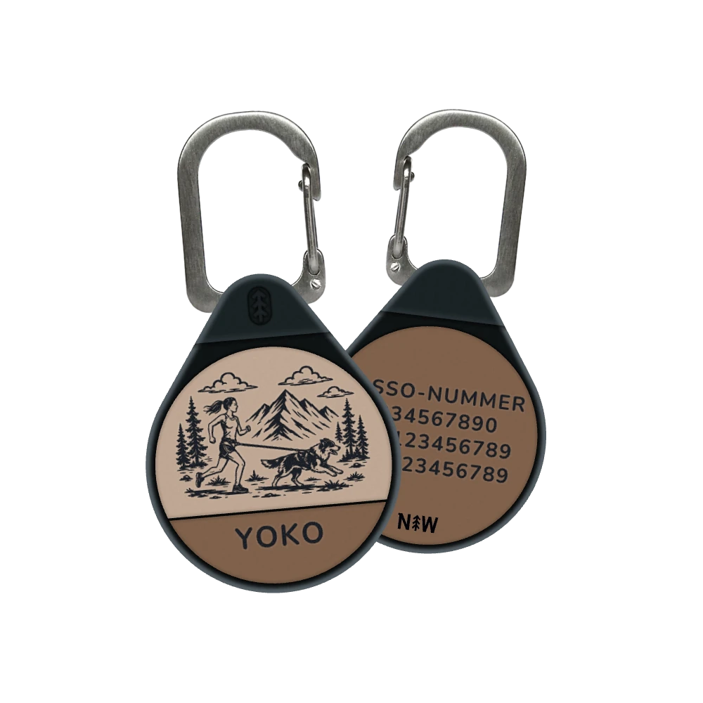 Canicross dog ID tag in Hazelnut Brown, woman runner