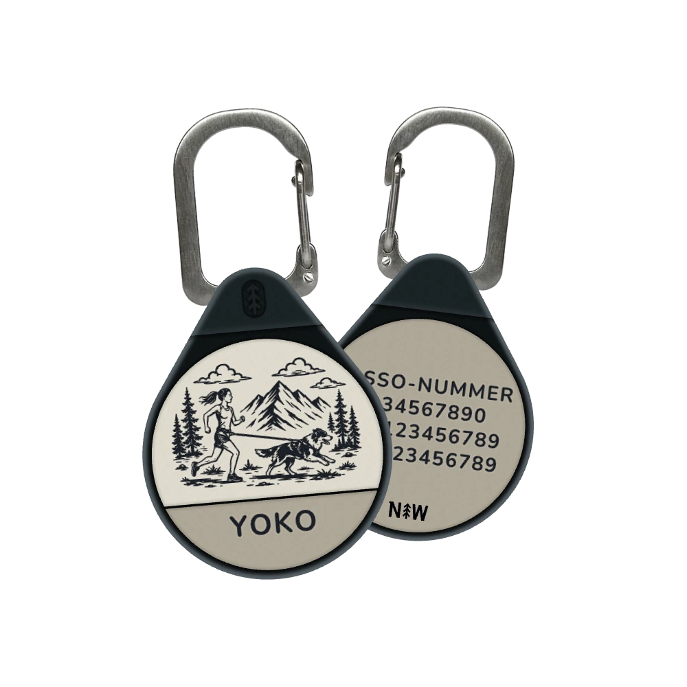 Canicross dog ID tag in Birch Beige, woman runner