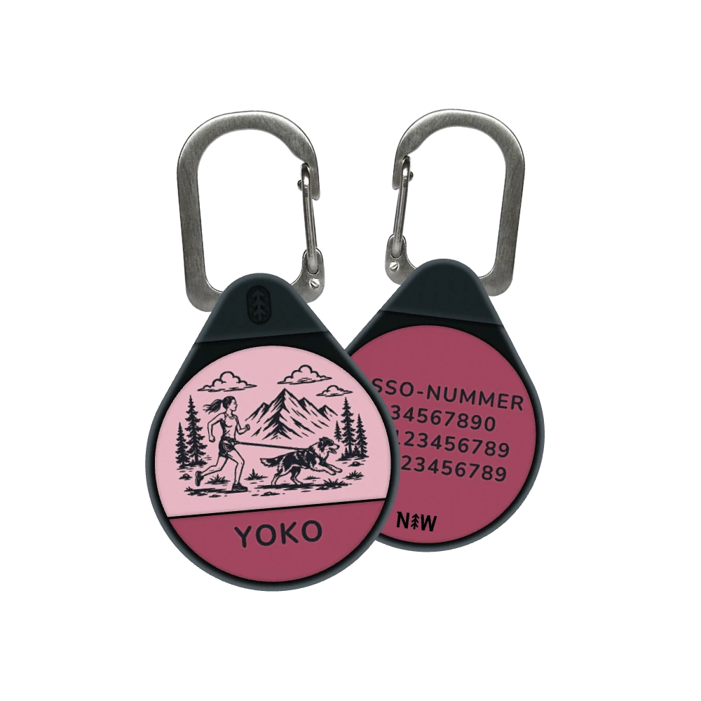 Canicross dog ID tag in Raspberry Pink, woman runner