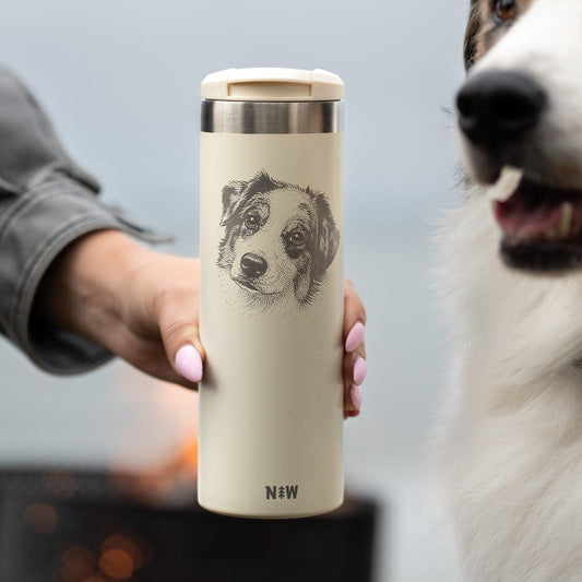 Instant Portrait tumbler in cream, engraved with an Australian Shepherd portrait