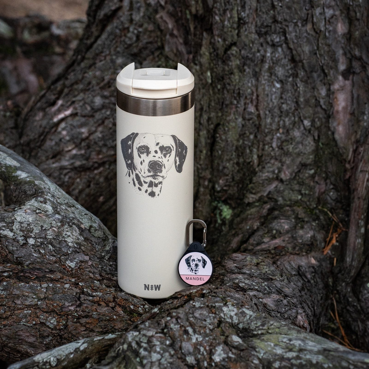 Cream portrait tumbler with a matching Instant Portrait dog tag
