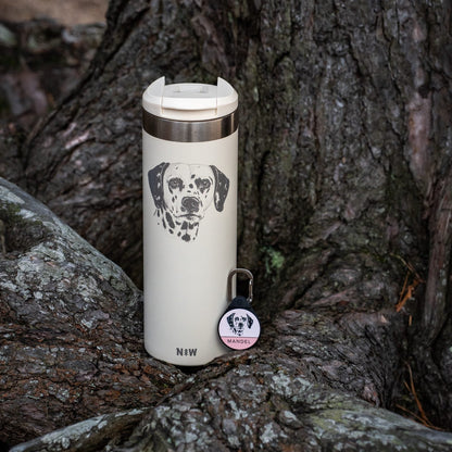 Cream portrait tumbler with a matching Instant Portrait dog tag